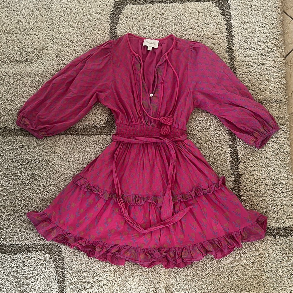 Cleobella Pink Mini Dress with Bishop Sleeves and Plunge Neckline